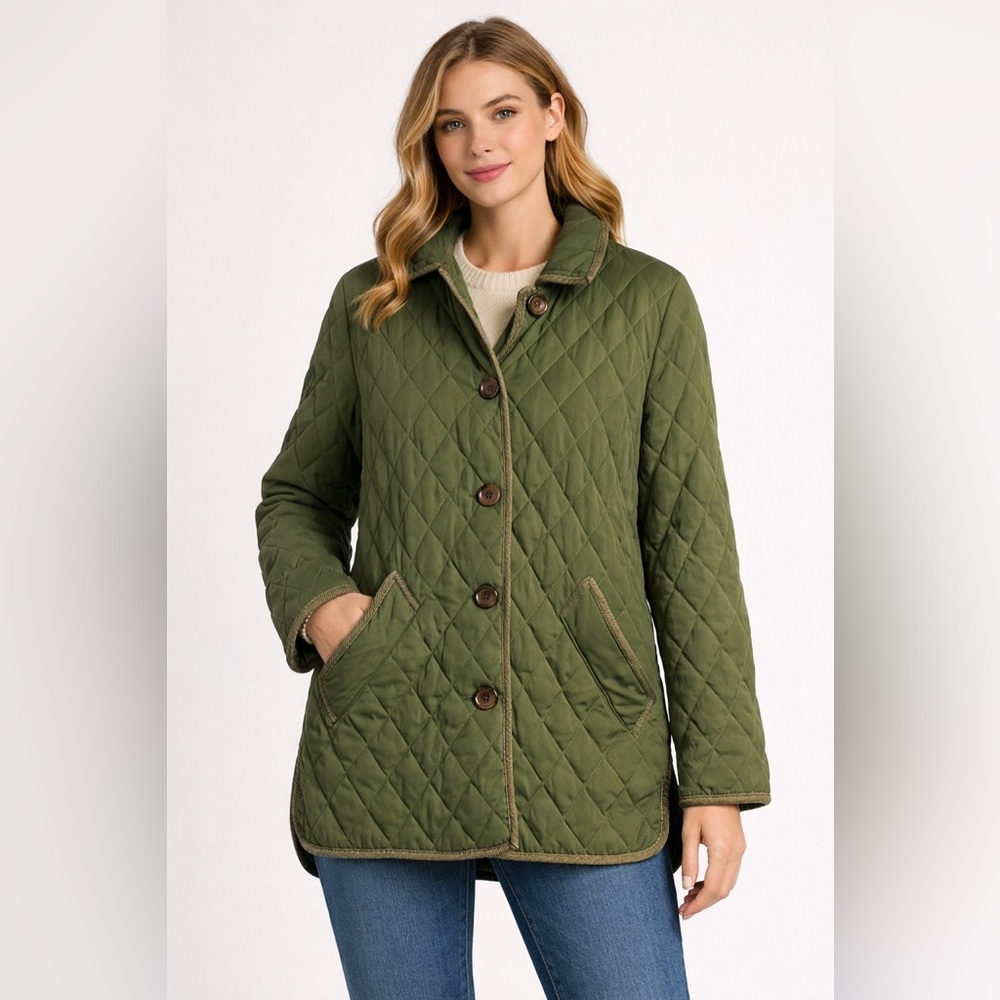 Appleseed's Petites Quilted Jacket PM Olive Green Button Front Lightweight‎ Coat